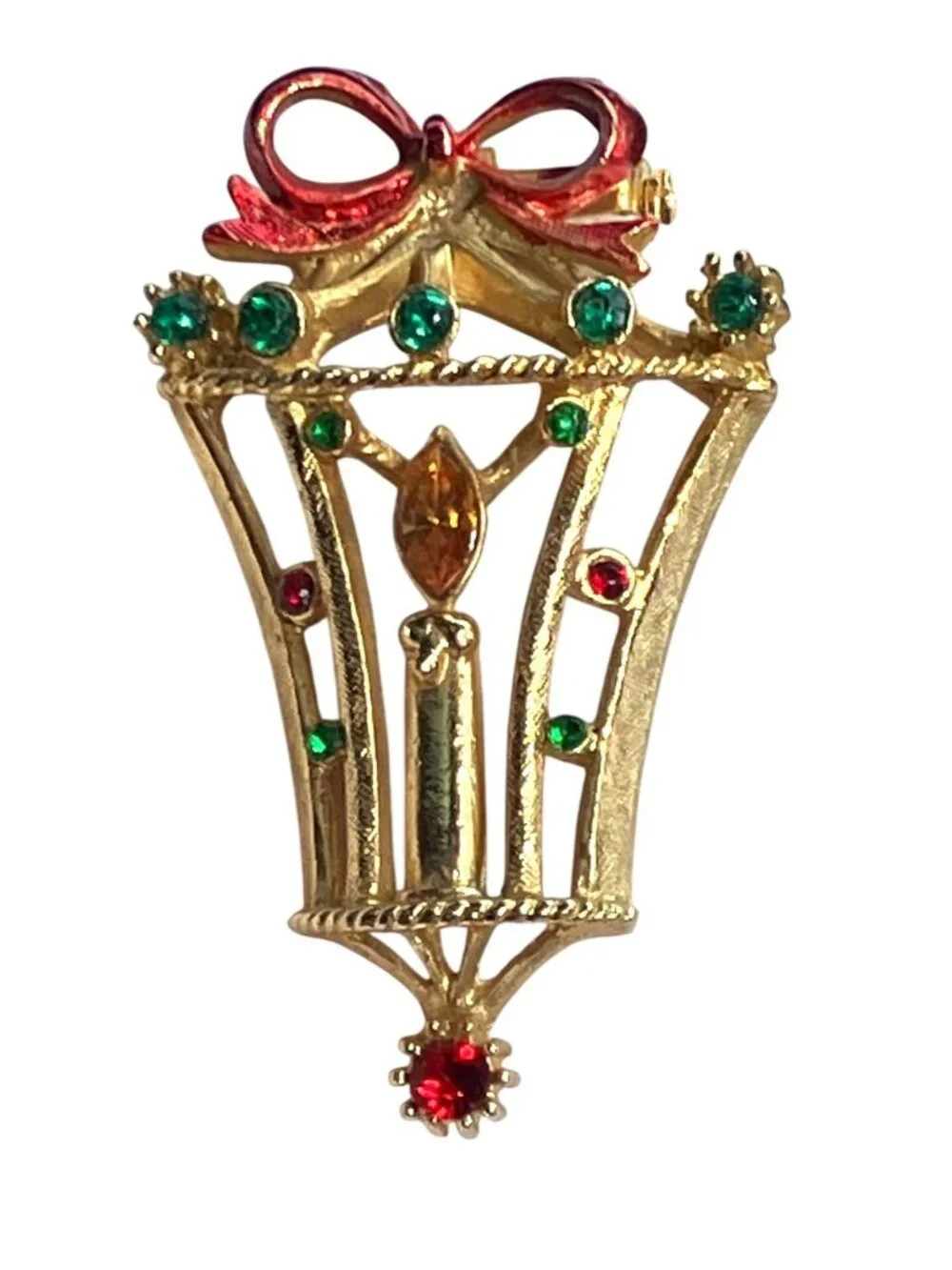 Gold-Tone Christmas Candle Lantern Brooch Pin Signed B.J. Vintage